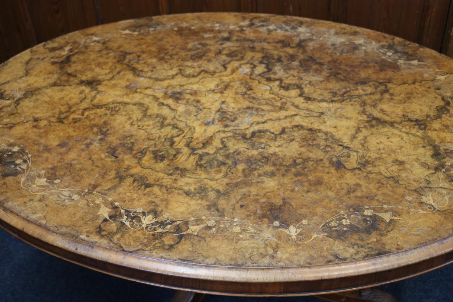 Victorian walnut marquetry tilt top loo table, the oval top raised on four column supports - Image 2 of 3