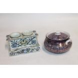 Lillemon Clement and Inger Folmer Larsen lustreware lidded dish, 9cm, and delft ink stand.