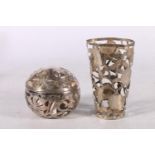 Sterling silver clad spherical glass inkwell, and a Mexican silver beaker holder. (2)