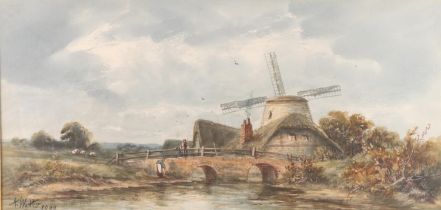 A WATTS, Windmill, watercolour, signed and dated 1909 lower left, 25cm x 57cm, gilt frame 53cm x