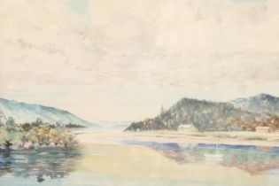 FRANCES FLINT, View down a loch, watercolour, signed and dated '57 lower left, 22cm x 33cm, white