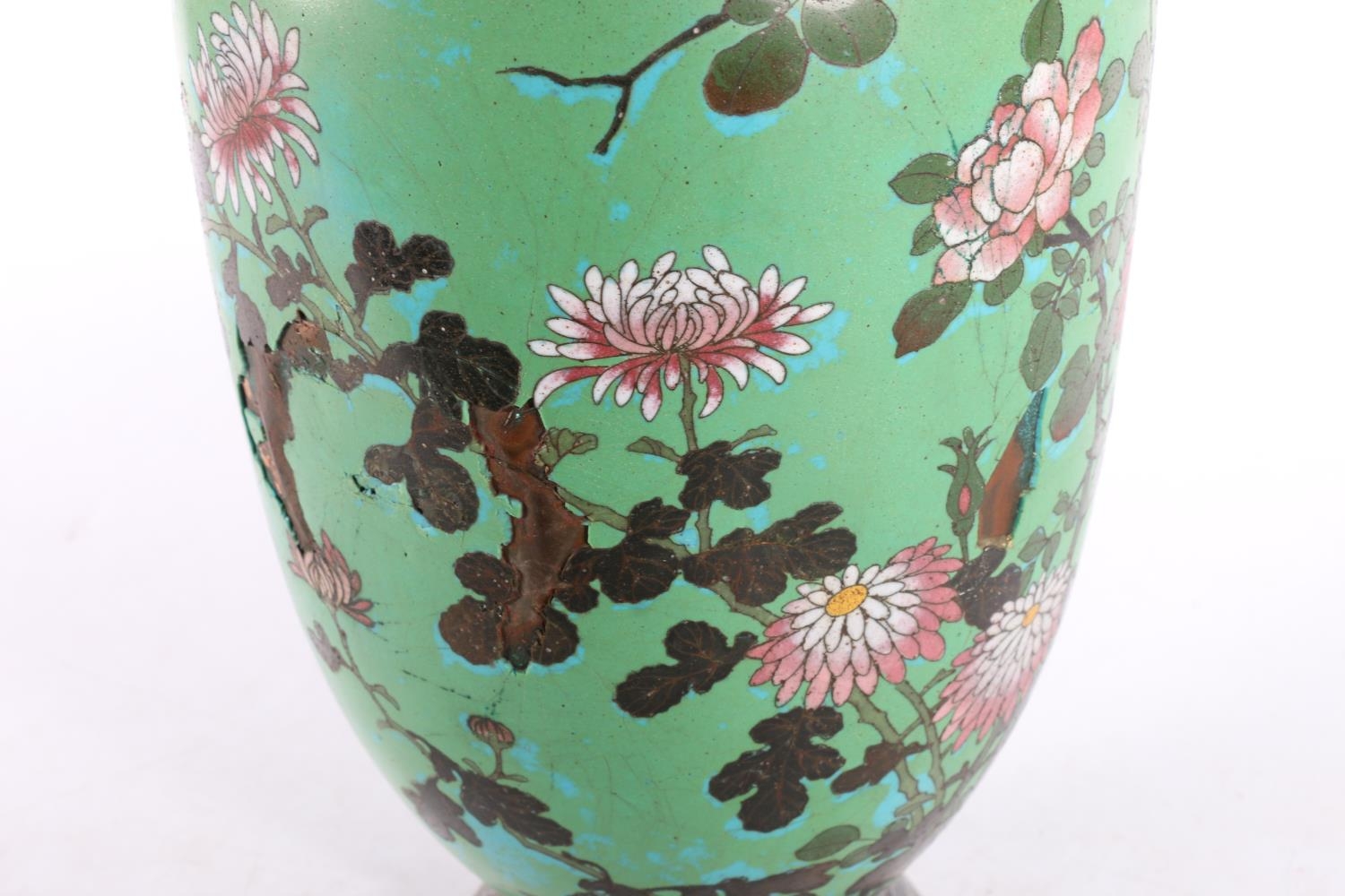 Large Chinese cloisonné baluster vase, the green blue ground decorated with flowers and insects, - Image 2 of 4