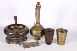 Persian bronze rosewater bottle vase, 33cm high, an Indian brass shallow bowl on stand, a similar