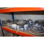Shelf to include blue and white china, Willow pattern, Queensware, Royal Crown Derby, etc.
