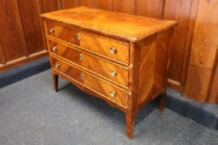 A French 18th century marquetry veneered chest of drawers with three long drawers, 122cm long. #315