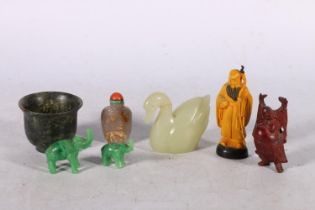 Chinese spinach green jade style hardstone sake cup, 5cm high, a Peking glass swan, two miniature