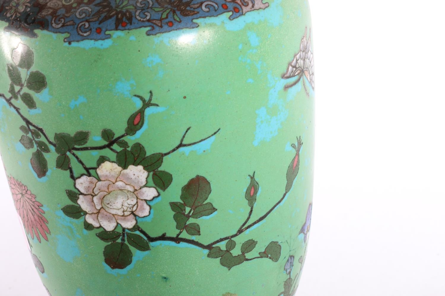 Large Chinese cloisonné baluster vase, the green blue ground decorated with flowers and insects, - Image 3 of 4