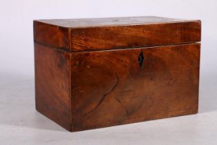 19th century mahogany and inlaid tea caddy, the interior with glass mixing bowl and tea well, 23cm