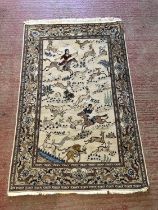 Persian pictoral rug depicting a hunting scene within matching border, 203 x 136cm
