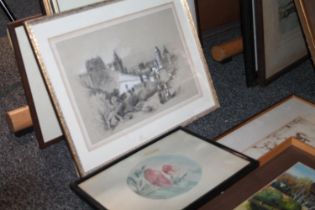 Group of pictures including landscapes and still lifes, watercolours, oils, prints.