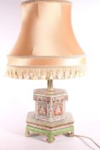 19th century Chinese porcelain hexagonal temple lamp, now converted to electricity, with shade, 52cm
