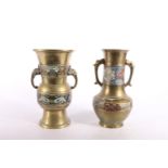 Two bronze champleve enamel vases, 19cm high. (2)