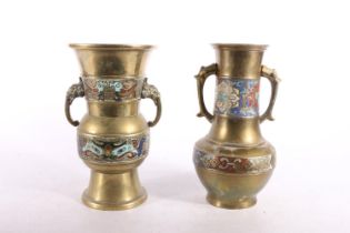 Two bronze champleve enamel vases, 19cm high. (2)