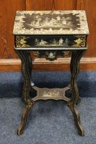 A Victorian papier mache japaned lacquer sewing table inlaid with mother-of-pearl and abalone