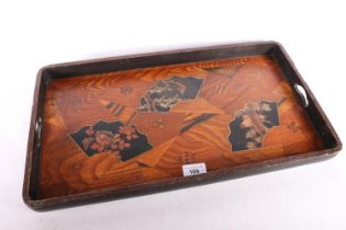 Japanese Yosegi marquetry inlaid and lacquered wooden tray, 51cm long. #274