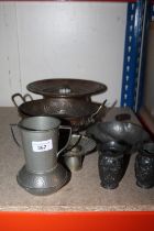 Pewter two handled vases marked Craftsman with portrait to base, 15cm, two Japanese bud vases marked