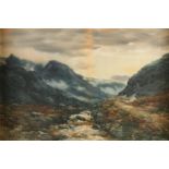 J ROBERTSON, Stream, mountain and clouds, watercolour, signed lower right, 34cm x 52cm, gilt frame