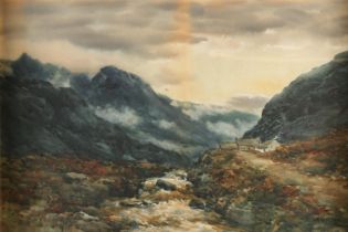 J ROBERTSON, Stream, mountain and clouds, watercolour, signed lower right, 34cm x 52cm, gilt frame