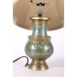 Champleve cloisonné enamel bronze vase of baluster form, converted to table lamp, 21cm high. #409