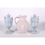 Pair of Wedgwood blue jasper ware urns, 23cm tall, and an antique jasper ware jug with lilac