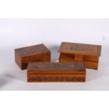 19th century Tunbridge ware box, 18cm long, a chip carved glove box, 29cm long and a painted treen