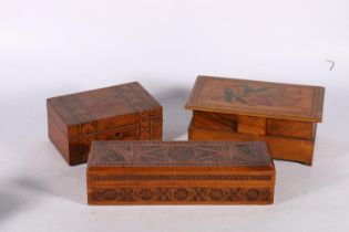 19th century Tunbridge ware box, 18cm long, a chip carved glove box, 29cm long and a painted treen