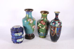 Chinese cloisonné ware to include a circular triple section stacking tower with cover, 12cm high,