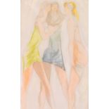 Manner of ERNEST ULLMANN (South African 1900-1975), three girls, chalk on silk, signed with initials