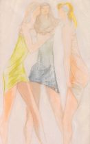 Manner of ERNEST ULLMANN (South African 1900-1975), three girls, chalk on silk, signed with initials