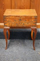 Antique brass inlaid Indian hardwood sewing table raised on cabriole supports, 45cm long. #338
