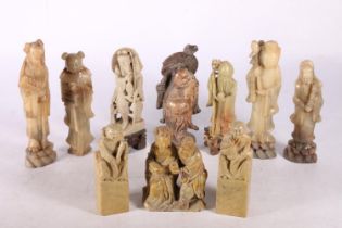 Ten soapstone figures of varying designs to include birds, Chinese immortal examples, a Buddha and a