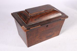 19th century rosewood veneer tea caddy of sarcophagus form, 17cm.