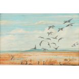 20TH CENTURY SCHOOL, Birds taking flight, perhaps Canadian Geese, oil painting, unsigned, 13cm x