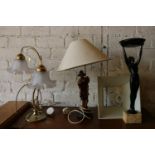 Three occasional table lamps, one with a Geisha, handkerchief glass shades and another (3)