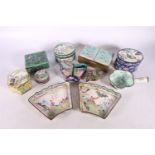 Chinese enamel decorative items to include boxes and covers, a pan, and a pair of fan shaped dishes.