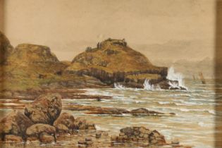 W BURRY, Coastal scene with cattle grazing, watercolour, signed and dated 1881, 18cm x 26cm, gilt