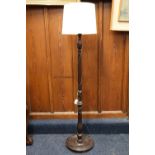 Mahogany turned and reeded standard lamp with cream shade, 134cm tall to top of fitting. #101