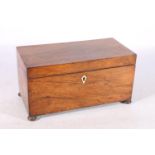 Antique rosewood tea caddy, the hinge top opening to reveal interior with two tea cannisters and