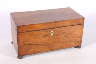 Antique rosewood tea caddy, the hinge top opening to reveal interior with two tea cannisters and