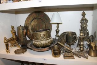 Group of brass to include andirons, jardinières,  cannon, ornaments, etc.