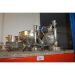 Quantity of EPNS to include punch bowl, 30cm diameter, novelty serving dish on trolly, candlesticks,