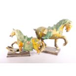 Two reproduction Tang style pottery horses, yellow and green glazed, 30cm and 26cm high. #234 (af)