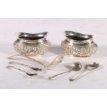 Pair of Edwardian silver oval salts by Mitchell Bosley & Co., Birmingham 1905, 49g gross, also a