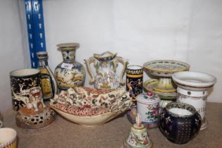 Group of ceramics to include faience tazzas one marked FF to base, vases, mugs, etc.