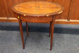 A Sheraton style painted satinwood oval occasional table with black bands, 77cm wide. #119