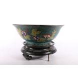 Chinese cloisonné bowl, the dark green ground decorated with egrets, 30cm diameter. #316