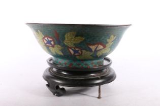 Chinese cloisonné bowl, the dark green ground decorated with egrets, 30cm diameter. #316