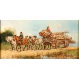 H MELVILLE, Horses pulling logs, a pair of oils on canvas, 19cm x 39cm, gilt frames 26cm x 46cm. (2)