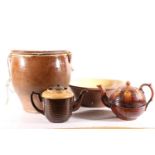 Glazed stoneware storage crock, 30cm high, two treacle glazed teapots, and a vintage mixing