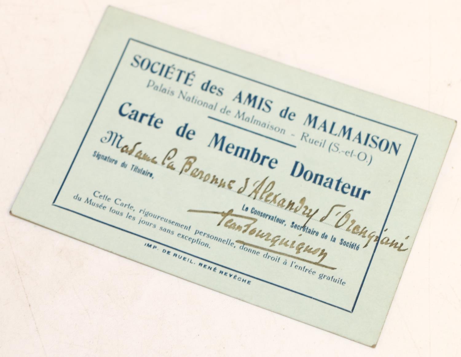 PT Barnum: Société des Amis de Malmaison membership card, issued in the name of Madame La Baronne